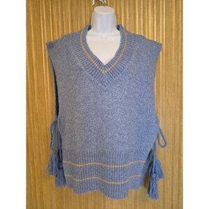 Free People Blue Women's O/S Poncho V-Neck Sweater Vest Tassel Ties